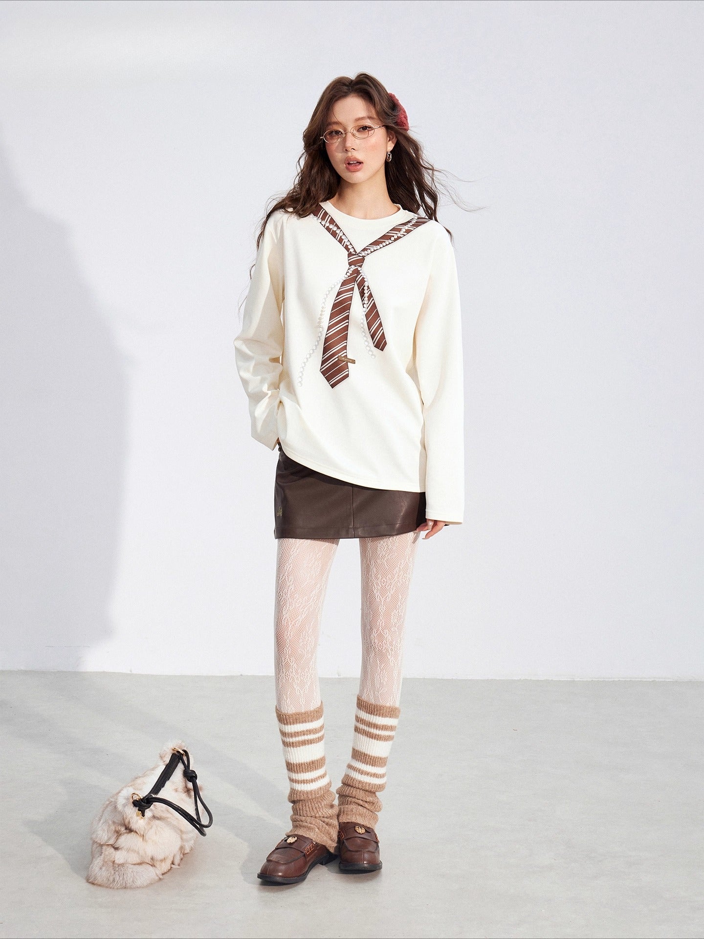 Pearl-Tie Printed Loose Long-Sleeve T-Shirt