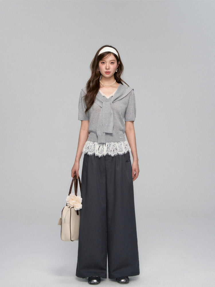 Lace Spliced V-Neck Knitted T-Shirt