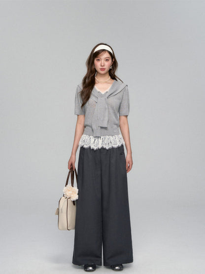 Lace Spliced V-Neck Knitted T-Shirt