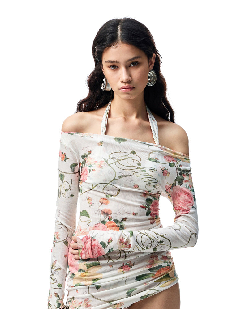 Floral All-over Print Off-the-Shoulder Sheer Cover-up