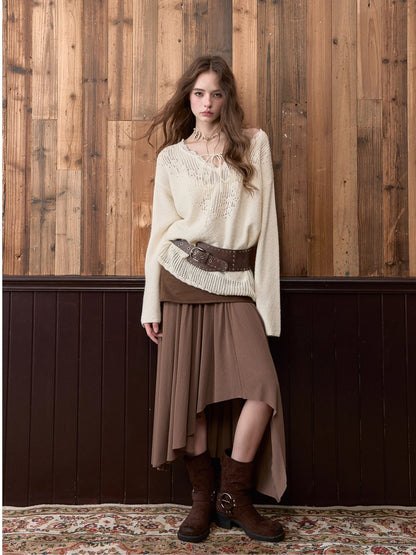 Apricot Lace Trim Knit V-Neck Sweater