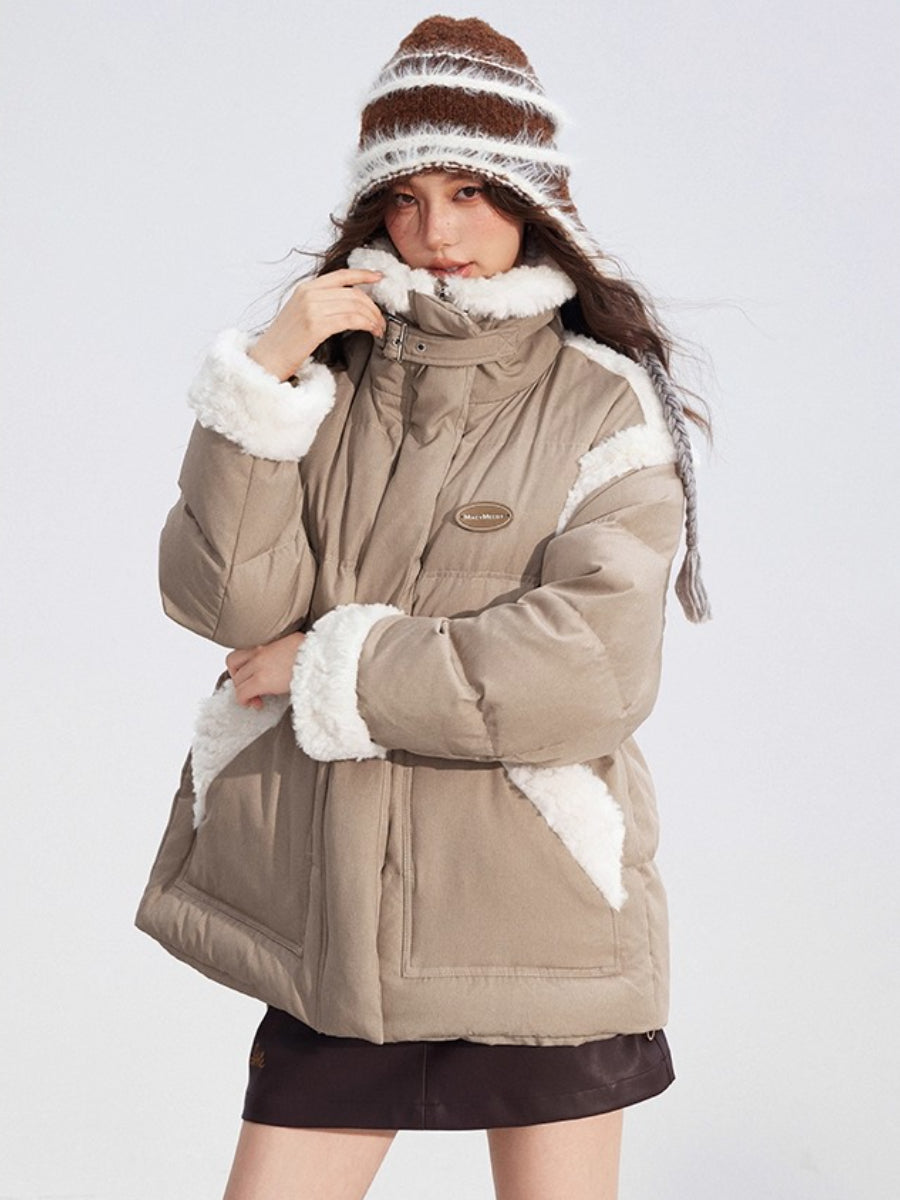 Shearling Patchwork White Down Puffer Jacket