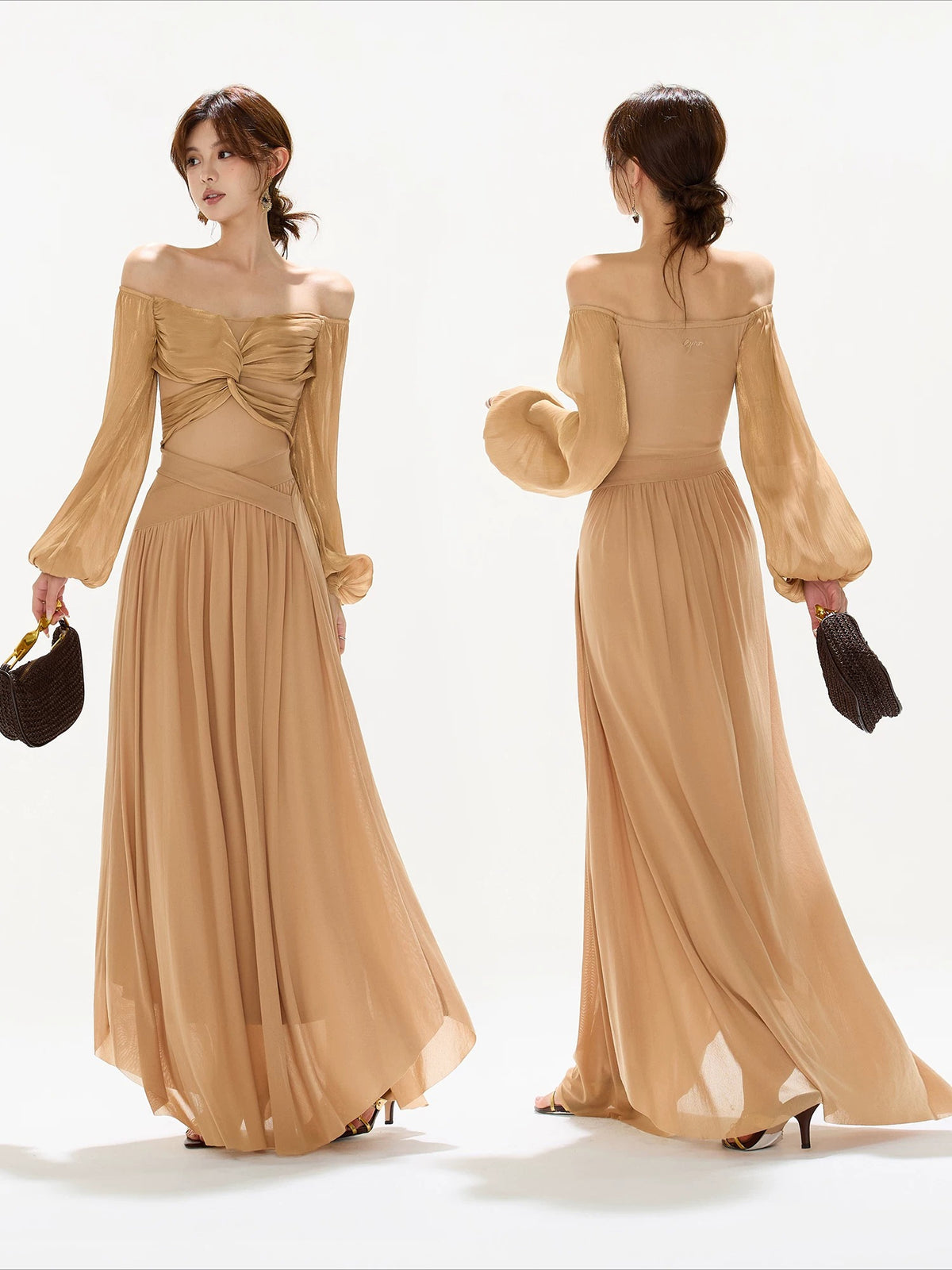 Brown Off Shoulder Butterfly Knot Maxi Dress