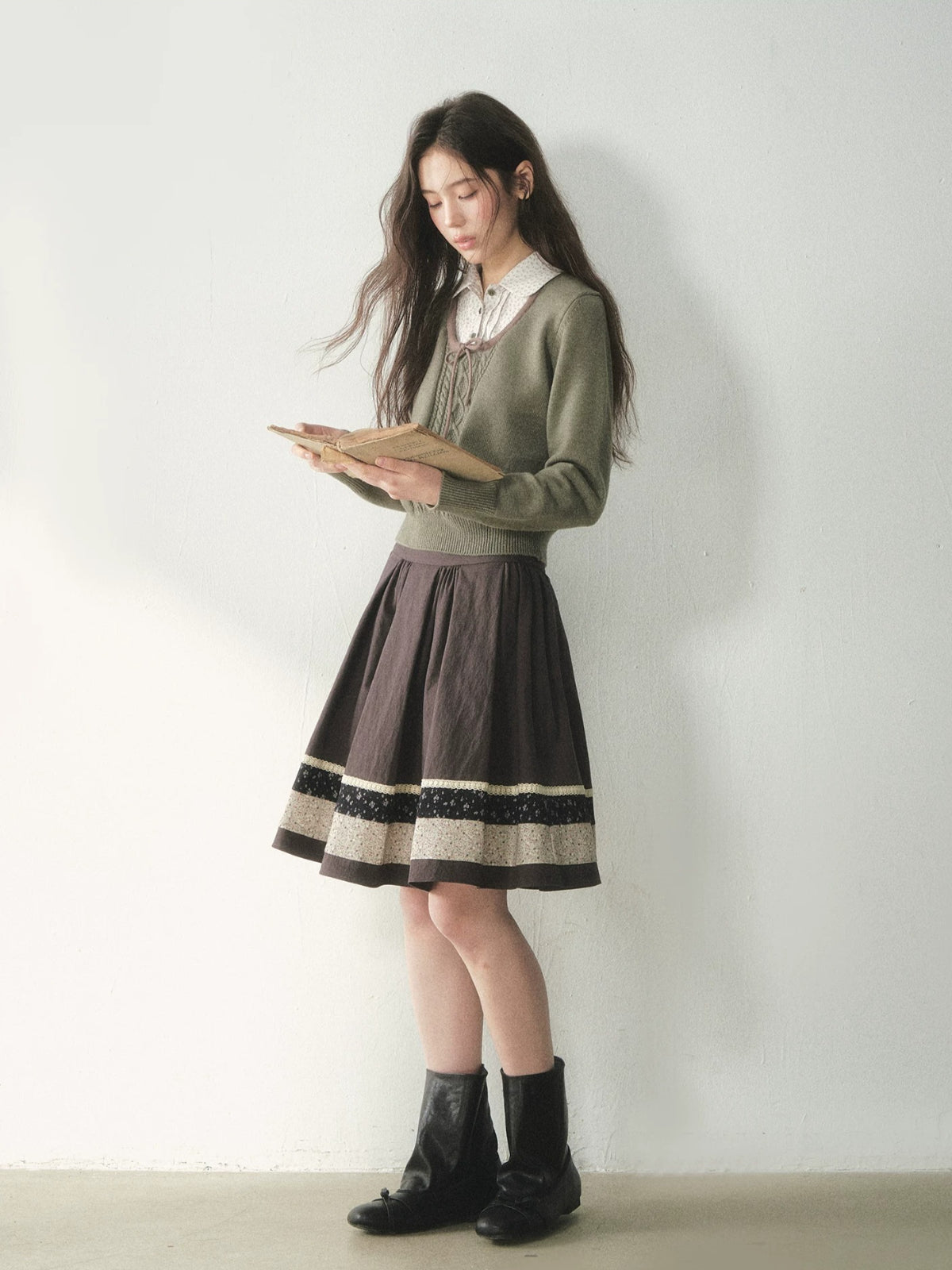 Floral Collar Bow Cable Knit Sweater