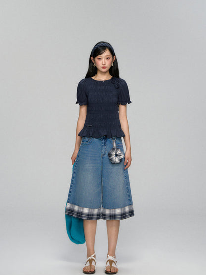 Three-Dimensional Flower Pleated Short-Sleeve Blouse