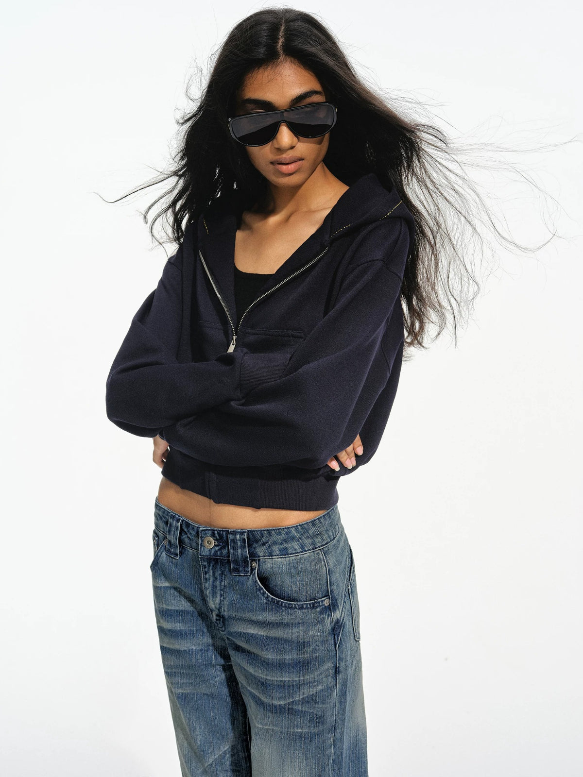 Wheat Embroidered Cropped Zip Hoodie