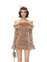 Feather Trim Velvet Bodycon Dress