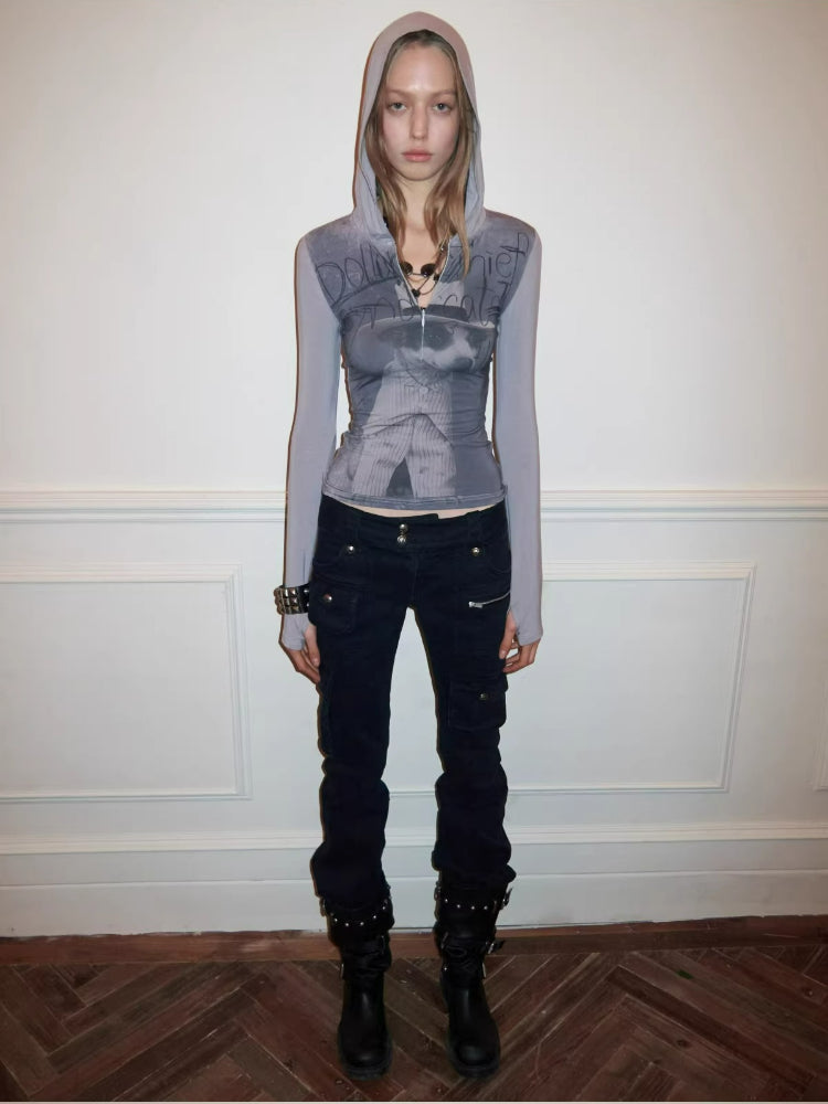 Letter Print Hooded Zip Tee
