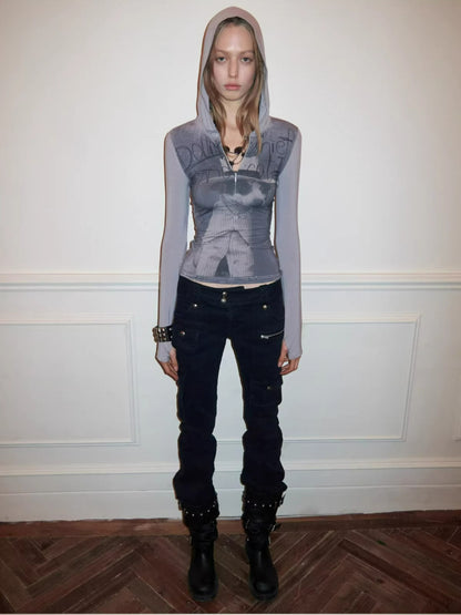 Letter Print Hooded Zip Tee