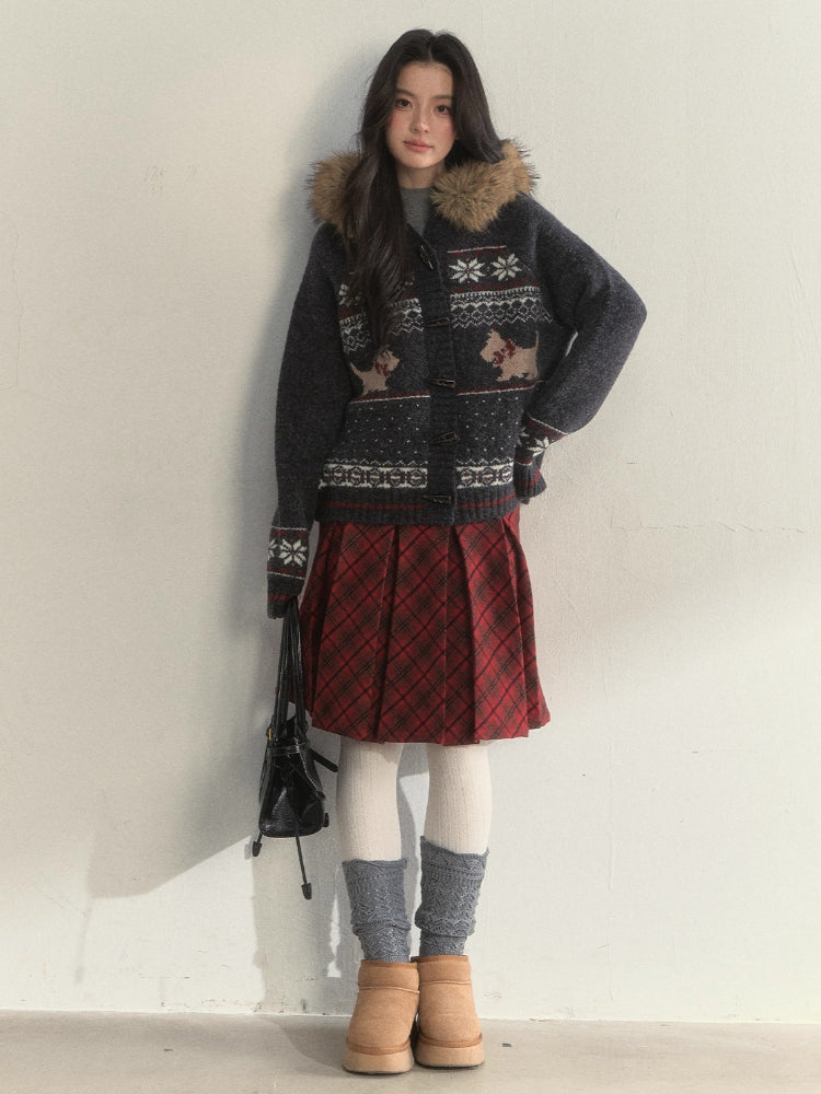 Fair Isle Dog Fur-Collar Cardigan