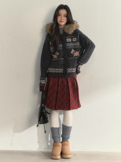 Fair Isle Dog Fur-Collar Cardigan