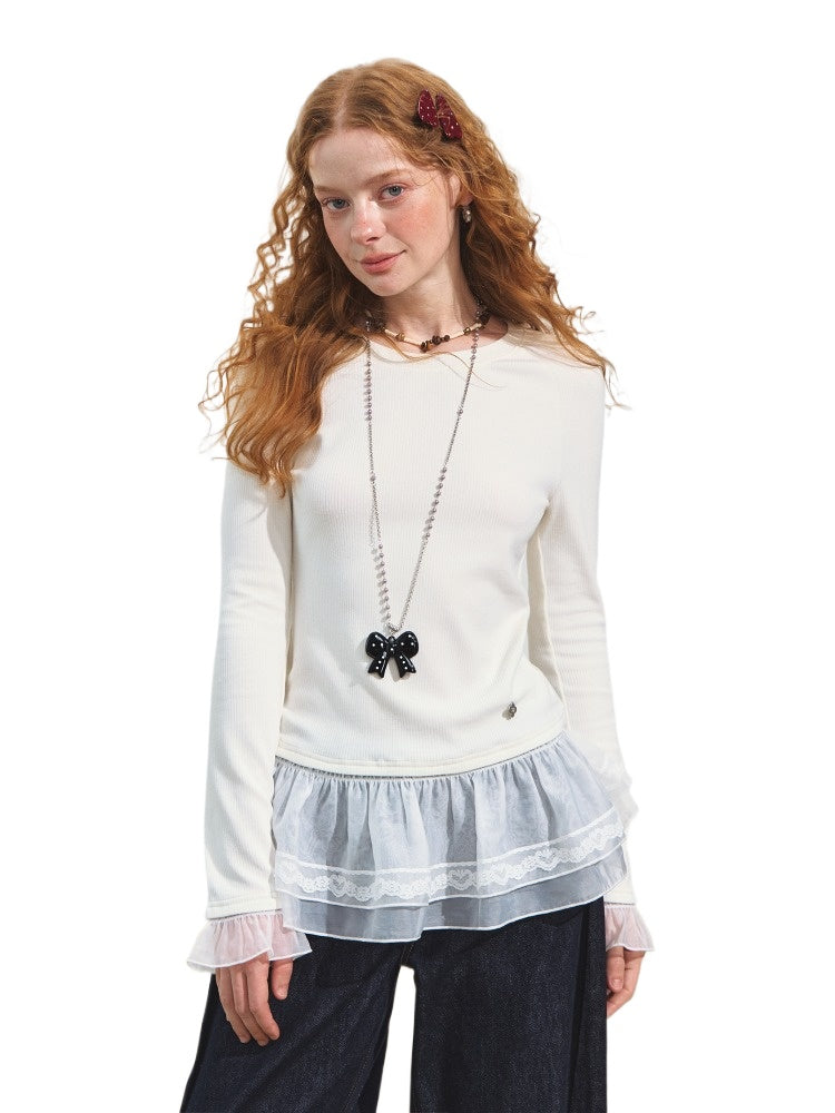 Double-layer Ruffle Raglan Fleece Top