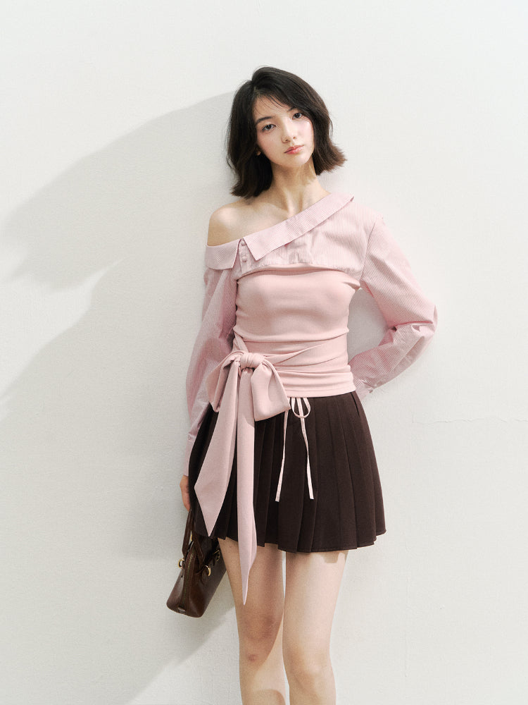 Asymmetric Shoulder Fake Two-Piece Striped Patchwork Shirt