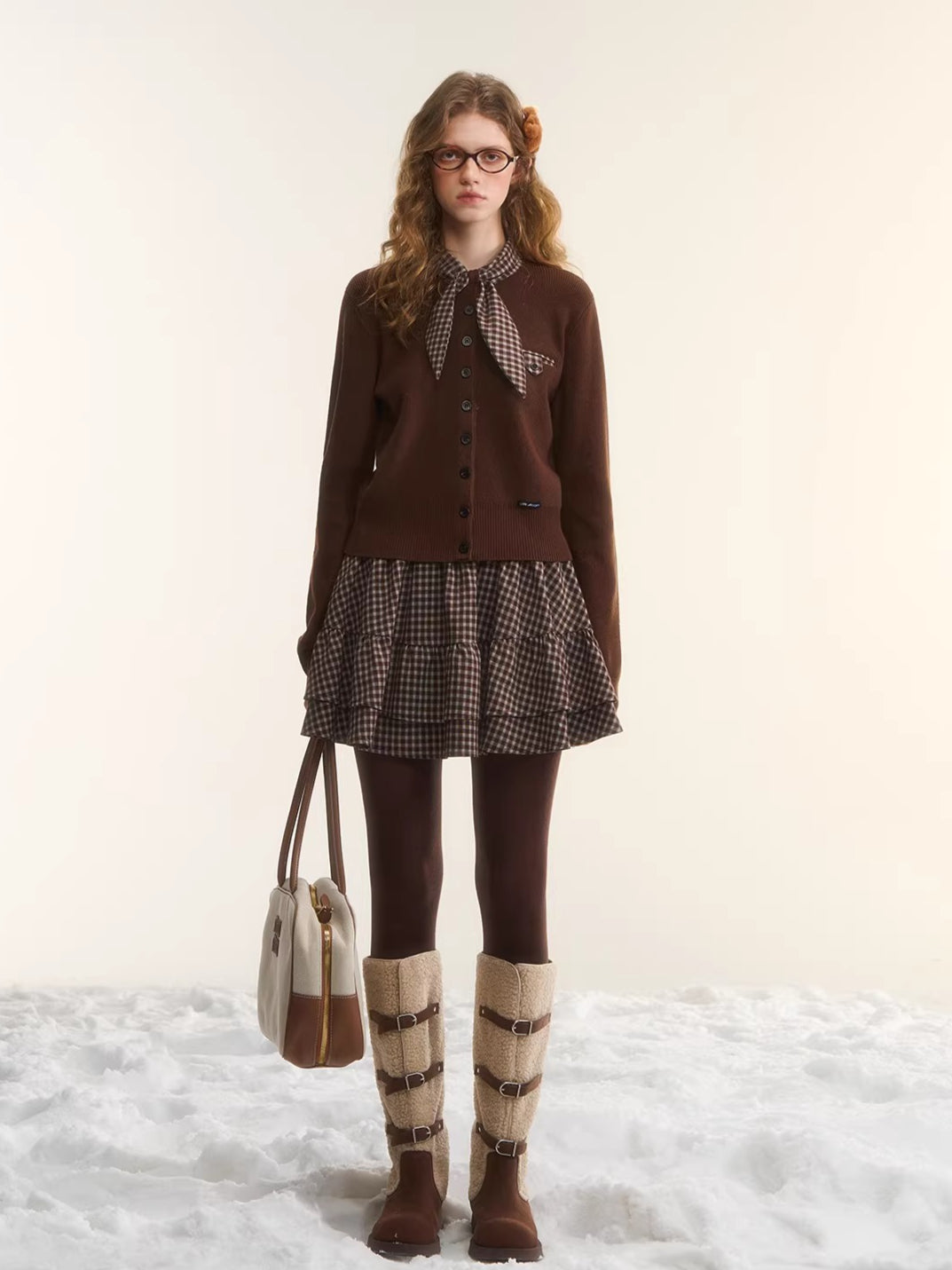 Wool Plaid Bunny Tie Knit Top &amp; Skirt Set