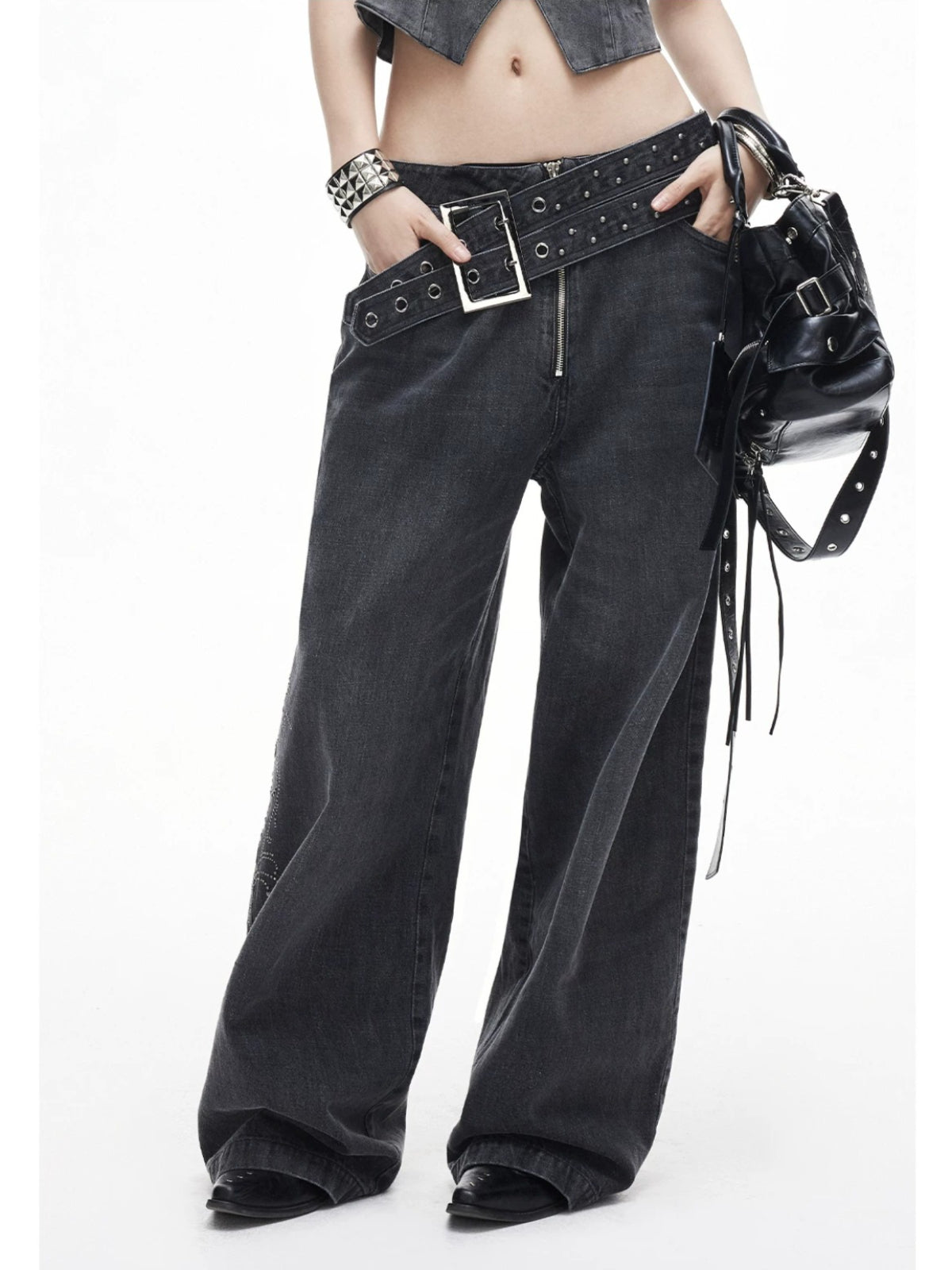 Gray Rivet Wide Leg Jeans