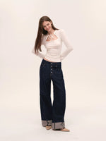 Indigo Button Front Wide-Leg Jeans