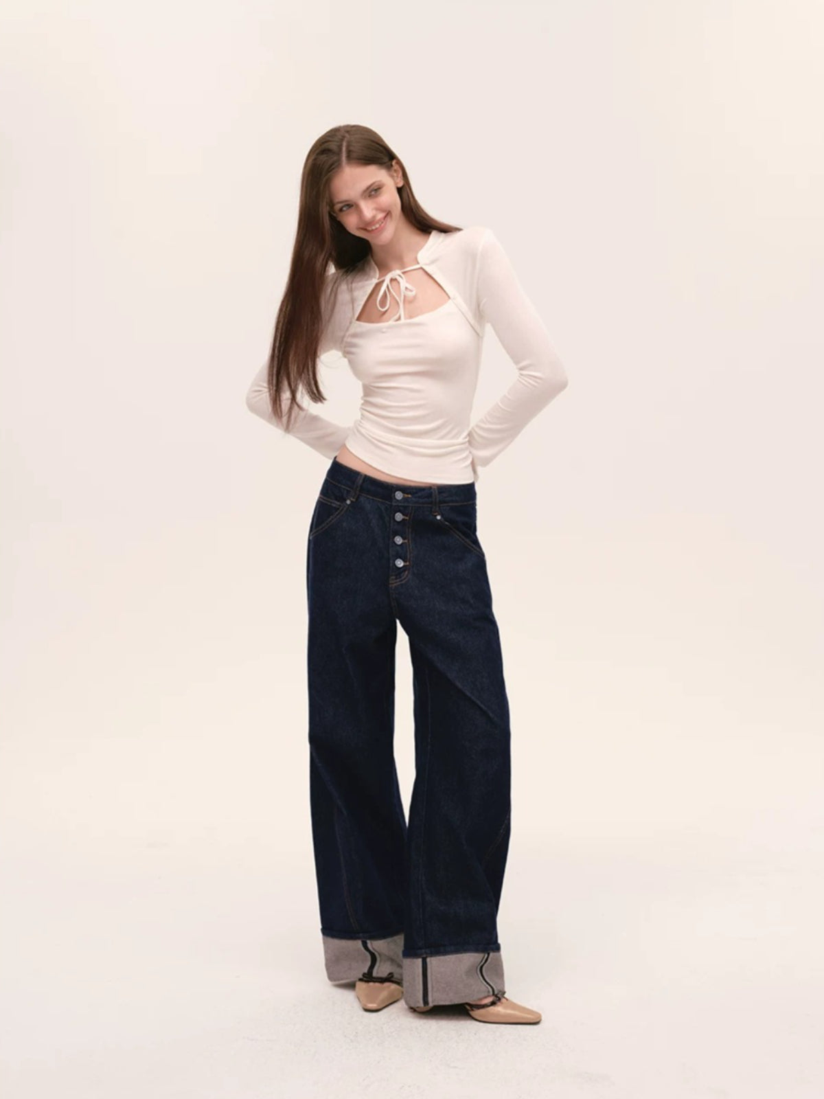 Indigo Button Front Wide-Leg Jeans