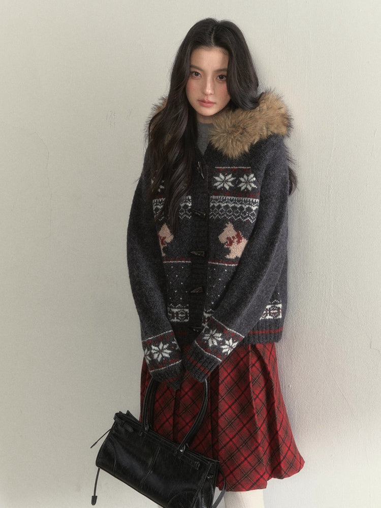 Fair Isle Dog Fur-Collar Cardigan