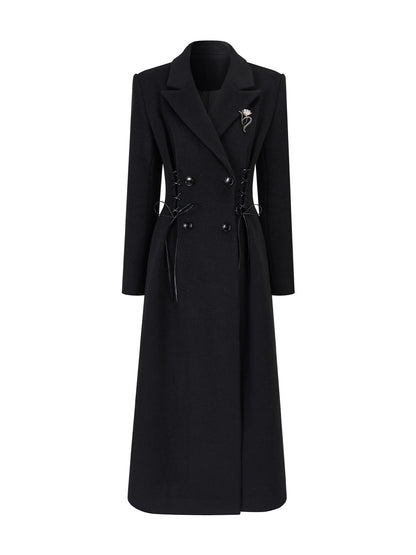 Waist-Tie Double-Breasted Wool Coat