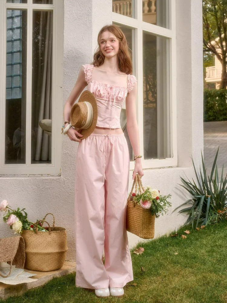 Pink Ruched Drawstring Top &amp; Pants Set