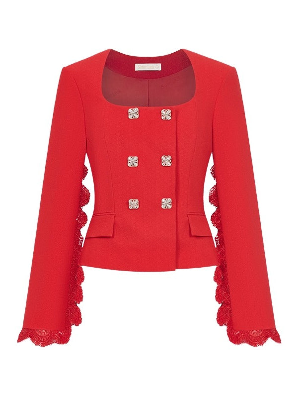 Mirage Vintage Lace-Collar Blazer &amp; Flared Skirt Set
