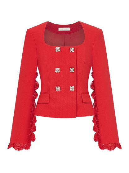 Mirage Vintage Lace-Collar Blazer &amp; Flared Skirt Set