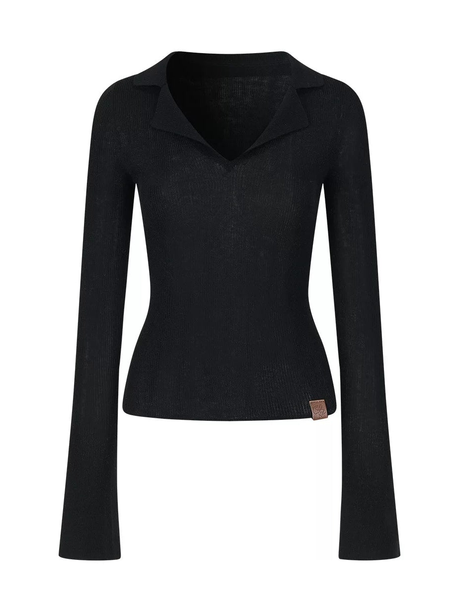 Ribbed Wool Polo Top