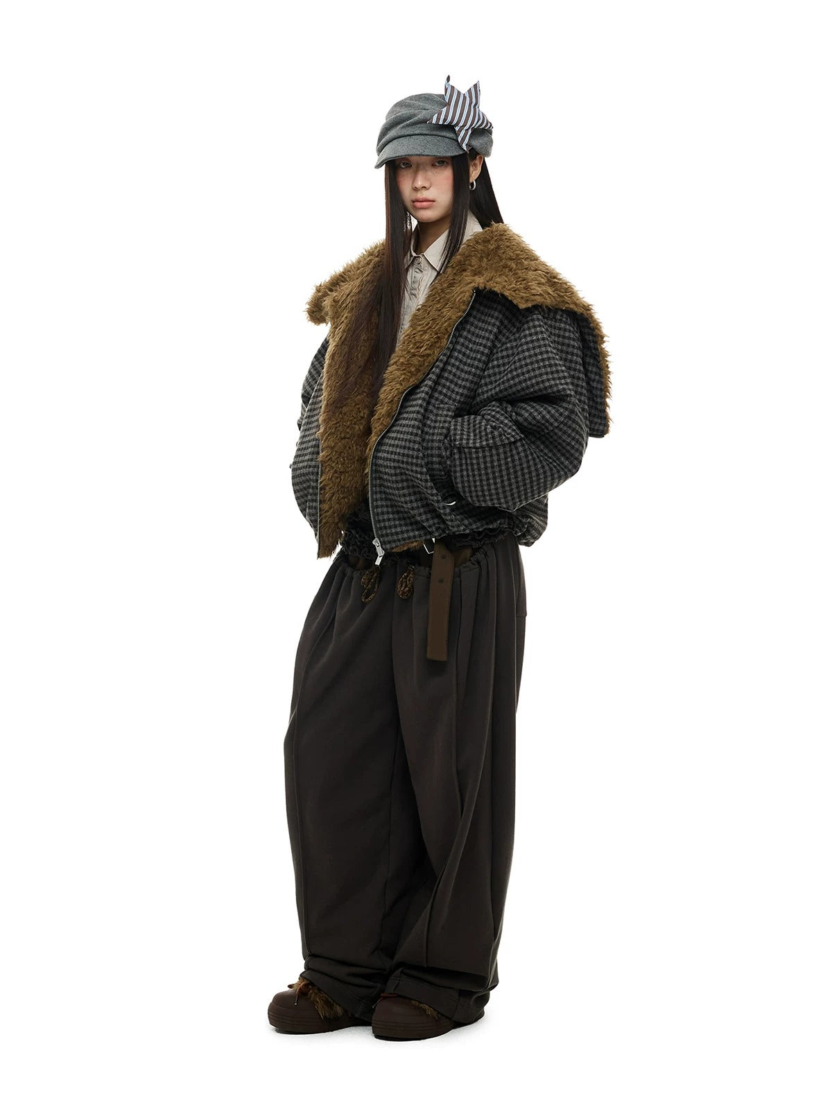 Plaid Wool Hooded Puffer Jacket