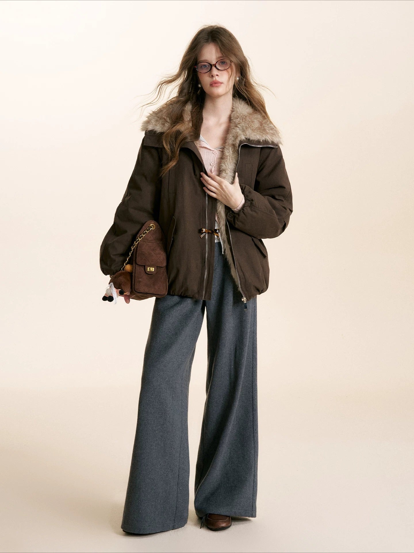 Brown &amp; White Fur Collar Parka Jacket
