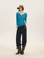 Ribbed Henley Long Sleeve Top