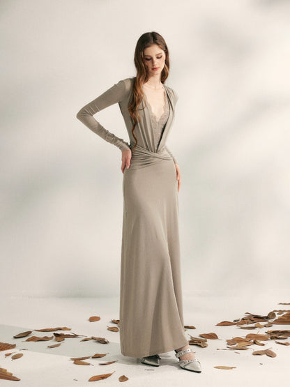 Grey Lace-Paneled Knit Pleated Dress