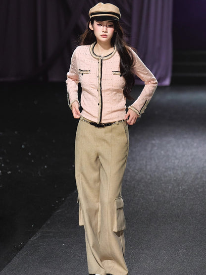 Pink Plaid Openwork Cardigan