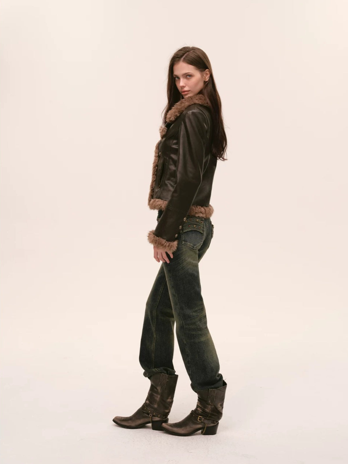 Asymmetric Fur-Trimmed Faux Leather Jacket