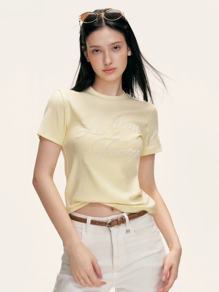 Yellow Beaded Ribbed T-shirt