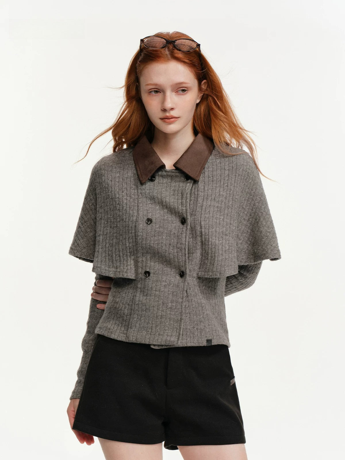 Contrast Collar Cable Knit Cape