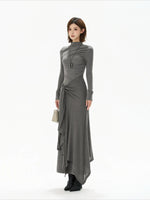 Gray Tie Detail High Neck Knit Dress