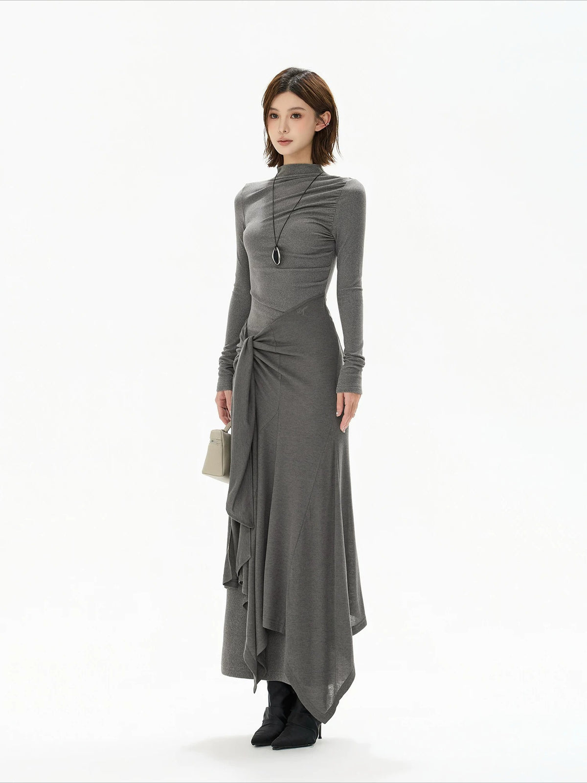 Gray Tie Detail High Neck Knit Dress