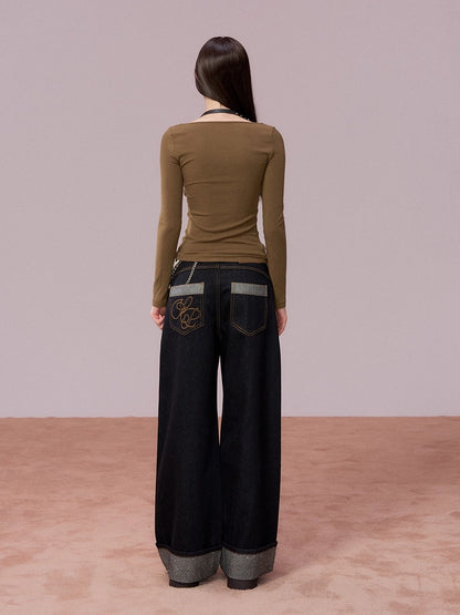 Lace-Panel Contrast Knit Top