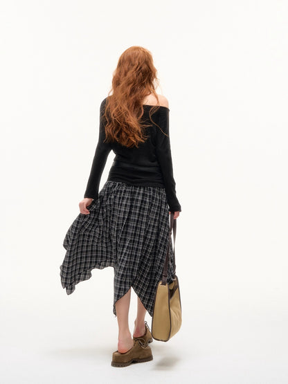 Off-Shoulder Pearl-Button Long-Sleeve T-Shirt