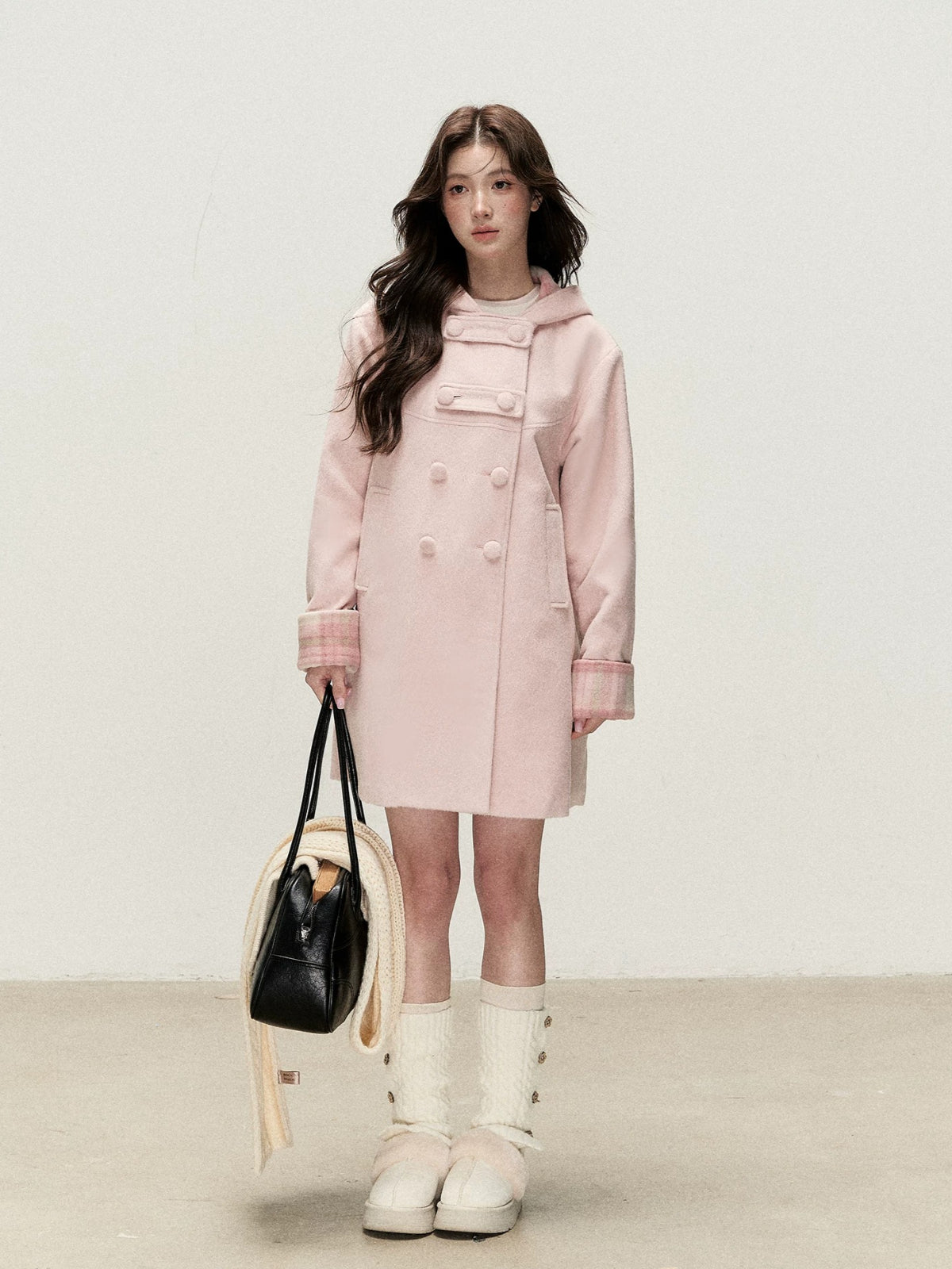 Plaid-Trim Hooded Double-Breasted Coat