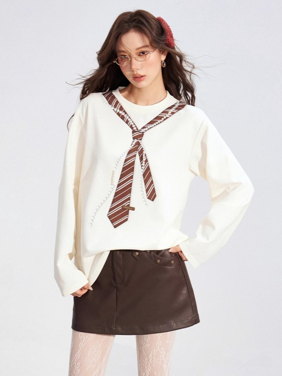 Pearl-Tie Printed Loose Long-Sleeve T-Shirt