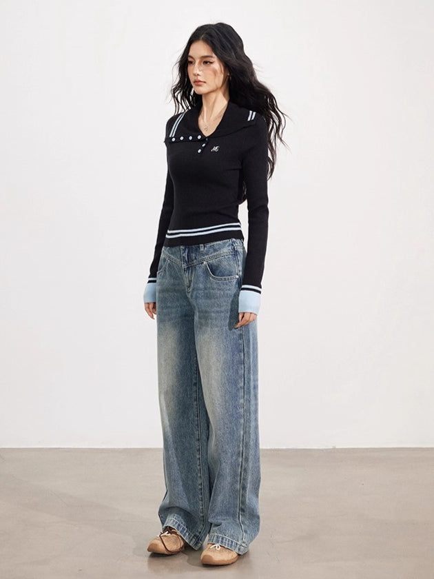 Black Asymmetric Colorblock Button-up Sweater