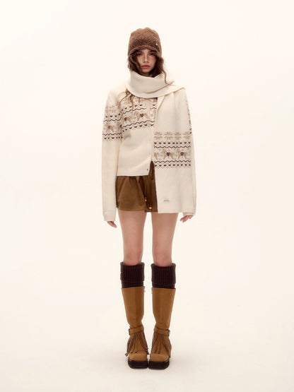 Fair Isle Knit Cardigan and Scarf Set