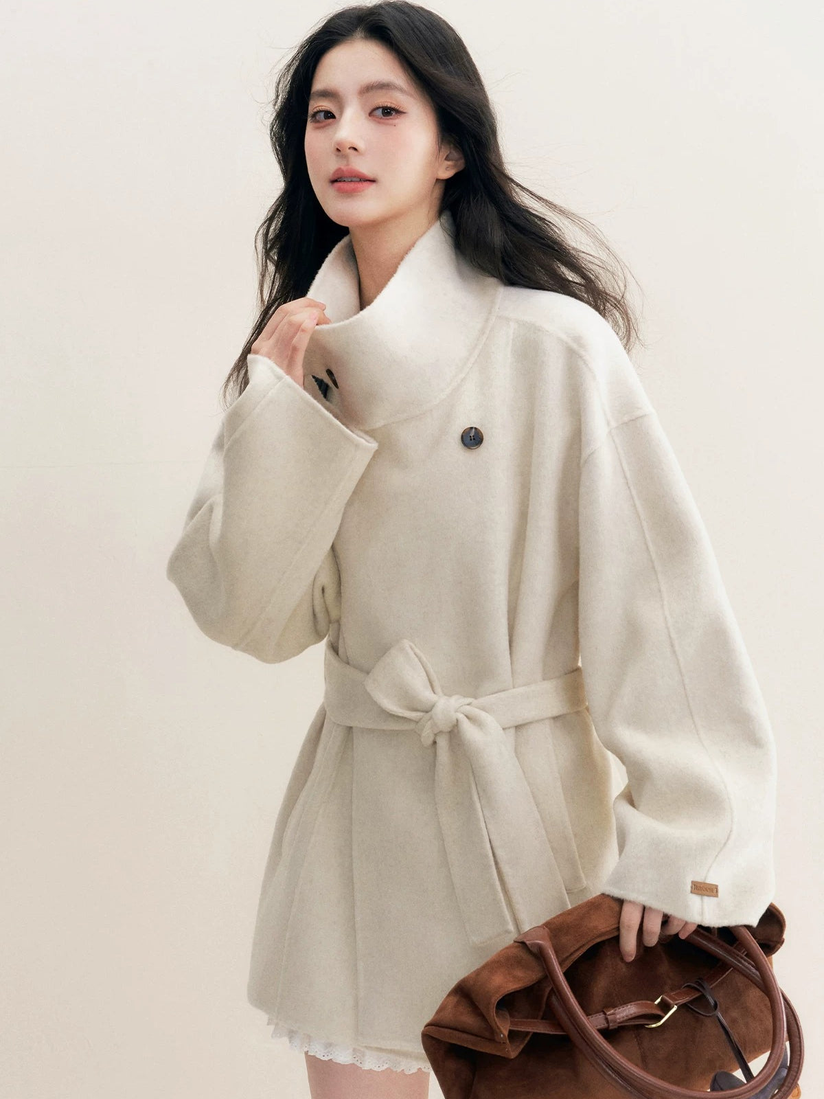 White Stand Collar Wool Coat