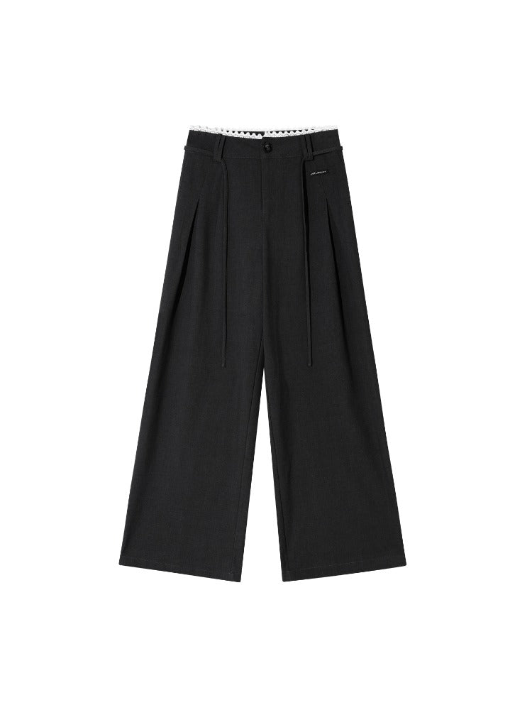 Lace-Trim Waist Tie Wide-Leg Pants