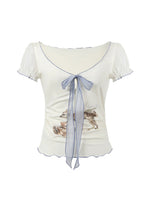 Lyocell Deer Ribbon Print Top