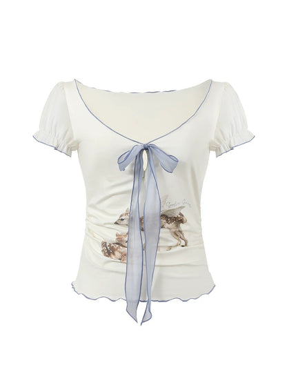 Lyocell Deer Ribbon Print Top