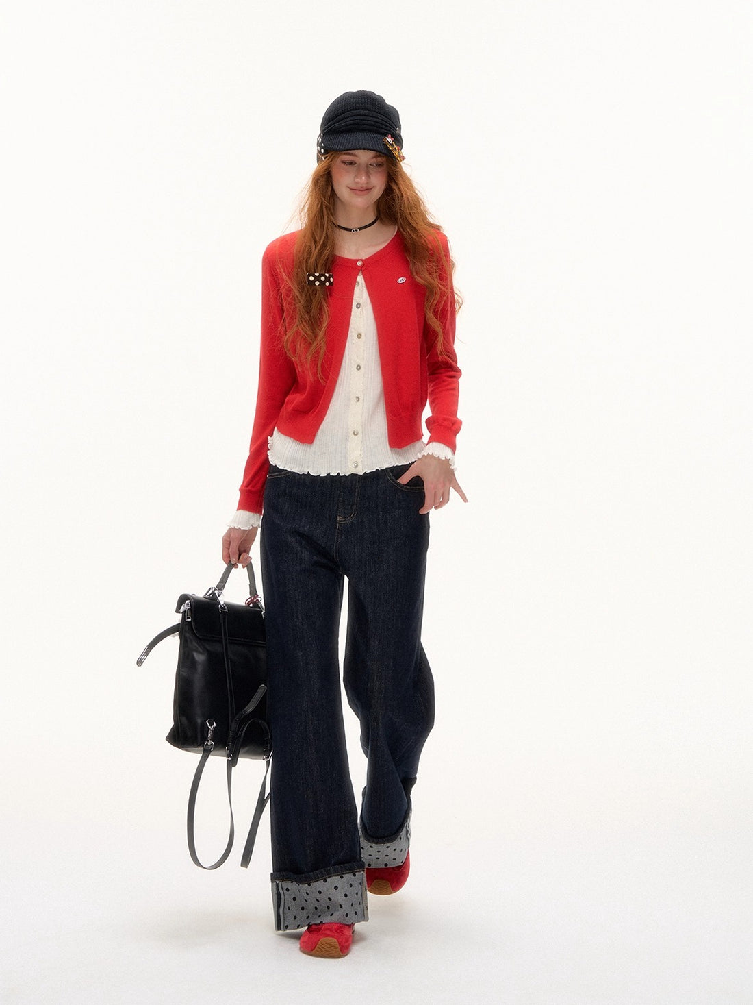 Contrast Cuff Polka Dot Denim Pants