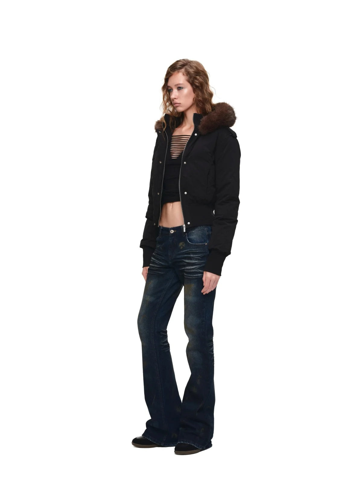 Detachable Faux Fur Ribbed-Waist Down Jacket