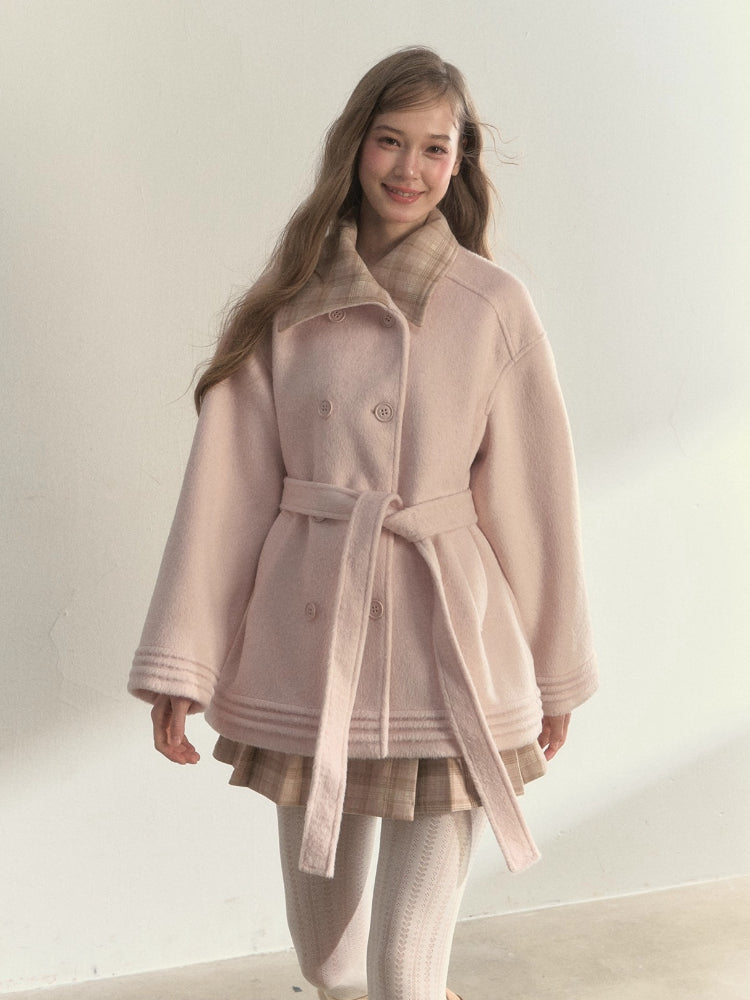 Plaid-Collar Double-Breasted Wool Coat